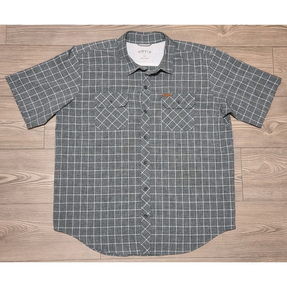 Orvis‎ Short Sleeve Button Up Shirt Gray White Stripes Mens XL Fishing